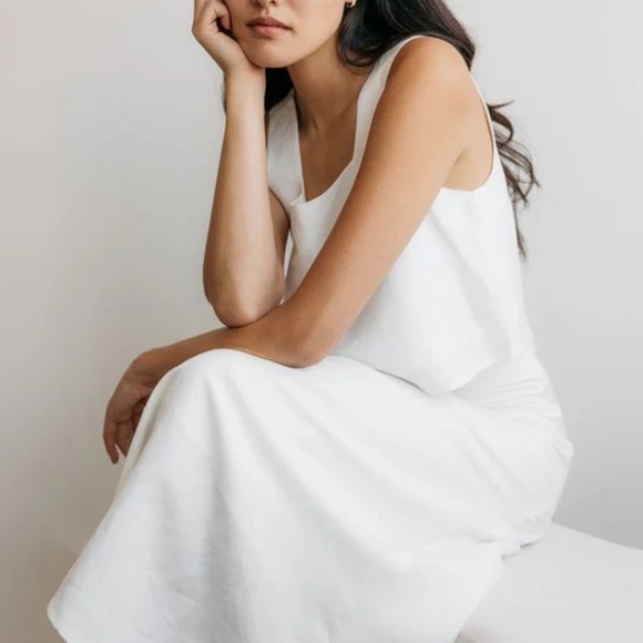 Linen Midi Dress Sleeveless Straps Square Neckline Slit Fitted Tight Bodycon - Picture 2 of 15